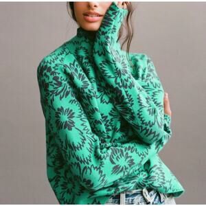 Maeve Carys Mock Neck Sweater Teal Green Floral Women's Medium Anthropologie